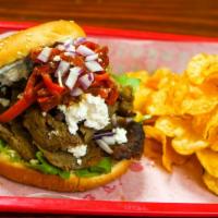 Gyros Burger · Lamb & Beef Gyro Meat with tzatziki, arugula, feta cheese, onion and roasted red peppers on ...