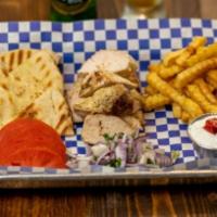 Chicken Breast Platter · Chicken Breast, Pita Bread, Small Greek Salad, Fries, Homemade Tzatziki Sauce 