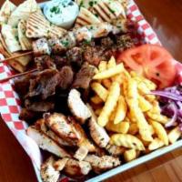Feed Me Platter ( enough for two)  · Chicken Breast, Gyro Meat, Pork, Pita Bread, Small Greek Salad, Fries, Homemade Tzatziki Sau...