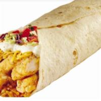 Chicken Ranchero Burrito · A home-style tortilla stuffed with seasoned rice, all-white crispy chicken strips, shredded ...