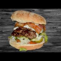 Daddy's Double Burger · Double burger with American cheese, applewood-smoked bacon, lettuce, tomatoes, onions, and p...