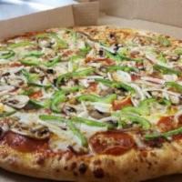 Nella's pizza ,/town Deluxe · Tomato sauce, pepperoni, sausage, fresh mushrooms, fresh green peppers, onions and mozzarell...