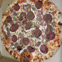 Meat Eater Pizza · Cheese,pepperoni, ground beef, and turkey bacon.