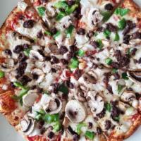 Philly Steak Pizza · Cheese, steak, mushroom, greenpepper, and onion.