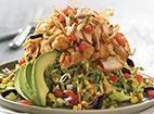 Crunchy BBQ Chicken Salad · crisp lettuce tossed with jack and cheddar cheese, tortilla strips and spicy BBQ ranch dressing. Topped with chicken tenders, corn, black beans, pico de gallo and fresh avocado.