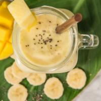 Mangonana Smoothie · Mango, pineapple, banana, flax seeds, Greek yogurt, almond milk.