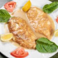 Chicken Piccata · Cooked in a buttery lemon sauce.