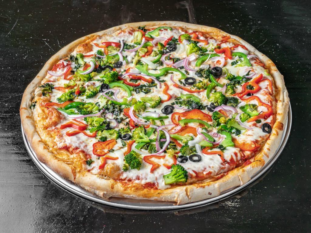 Verdura Pie Pizza · Peppers, onion, black olives, carrots, zucchini, and mushrooms.