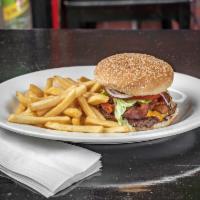Cheeseburger Deluxe · Burger topped with American cheese, served french fries, lettuce, and tomatoes.