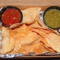 Chips and Salsa · Salsa rojo and salsa verde. Substitute grain free chips for an additional charge.