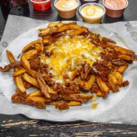 Chili Cheese Fries · Fresh cut fries topped with chili & cheddar cheese.