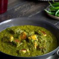 Palak-Paneer · Cubed cut paneer, blanched spinach, a hint of mustard oil, dry fenugreek, and fresh cream.