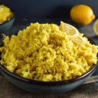 Lemon & coconut Rice · Seared curry leaves, panch pooran masala, and lemon juice hint of garam masala.