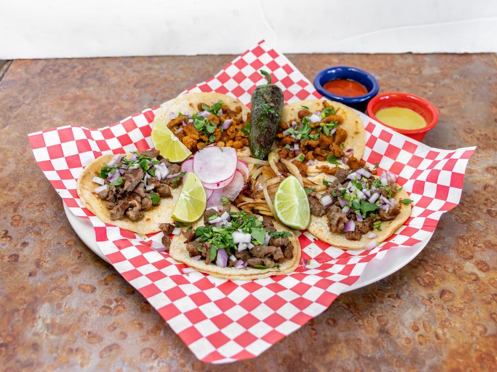 Street Tacos · 5 mini tacos with a meat of your choice, diced onions and cilantro.