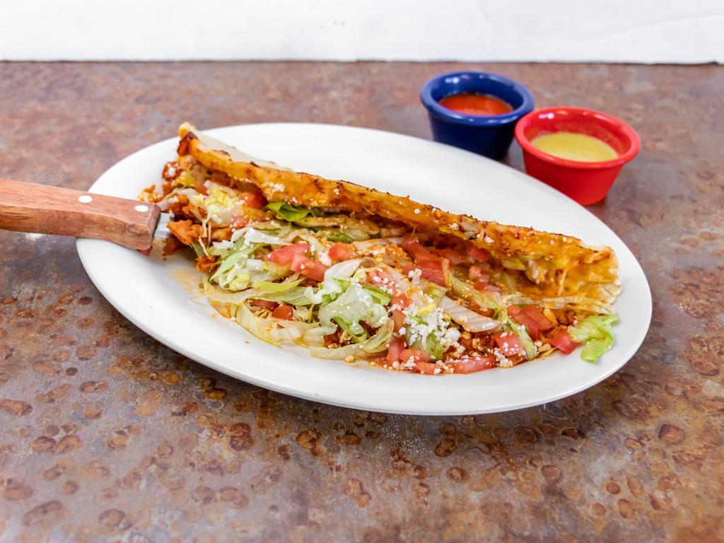 Machete · A 10 inches homemade thick tortilla folded in 1/2, filled with cheese, and meat of your choice. Garnished with lettuce, diced tomato and queso fresco.