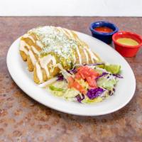 Quesadillas Fritas · 3 pieces. Fill with cheese and meat of your choice. Garnished with green salsa, queso fresco...