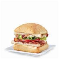 Turkey BLT Sandwich · Deli-style turkey, white  cheese and Applewood smoked bacon topped with mayo, thick cut-toma...