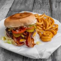 Bacon Cheese Burger · Fresh cooked meat comes with lettuce, tomato,picked,dressing and onion 