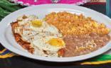 Chicken and Eggs · Grilled chicken breast and 2 fried eggs served with rice, beans and tortillas.