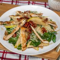 Spinach and Pear Salad · Chicken breast (grilled), spinach, pear, Parmesan cheese, honey glazed bacon and pecans and ...