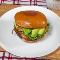 #4 Mexican Burger · Beef patty, American cheese, ham, grilled onions and jalapenos, lettuce, tomato, onions, avo...
