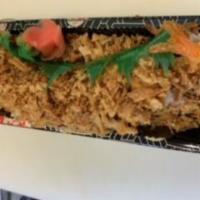 Shrimp Roll · Tempura shrimp, cucumber, crunchy onion, spicy mayonnaise, and sushi sauce.
