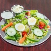 Garden Salad · Romaine lettuce, bell peppers, baby carrots, red onions, egg, cherry tomatoes, cheese, crout...