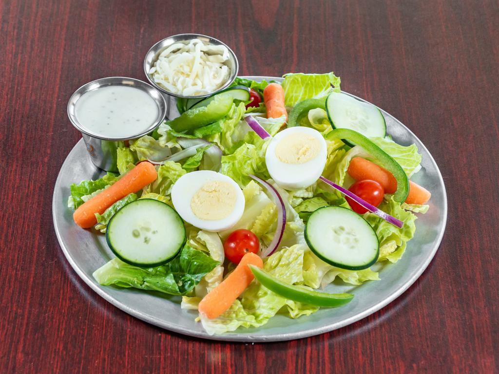 Garden Salad · Romaine lettuce, bell peppers, baby carrots, red onions, egg, cherry tomatoes, cheese, croutons and your choice of dressing.