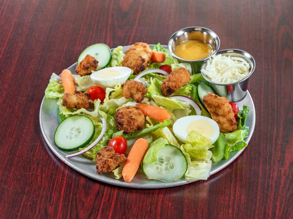 Garden Salad with Meat · Romaine lettuce, bell peppers, baby carrots, red onions, egg, cherry tomatoes, cheese, croutons and your choice of dressing.