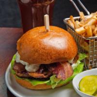 Blackened & Blue Turkey Burger  · Pecan smoked bacon, Boston lettuce, brioche bun.