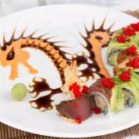 Flaming Dragon Roll · Shrimp tempura with cucumber on the inside, wrapped with pepper seared tuna, eel and avocado...