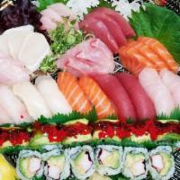 Deluxe Sushi Boat Entree · 18 pieces of sashimi, 10 pieces of sushi, one California roll and one dragon roll. Served wi...