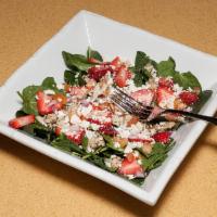 Spinach Berry Salad · Spinach, red onions, strawberries, 4 oz. baked chicken breast, tomatoes, almonds, feta chees...