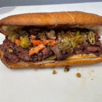 Chicago Italian Beef Sandwich · Chicago Style Italian Beef Marinated and Slow Cooked. Shaved, dipped in au jus on Sliced Pro...