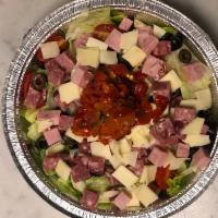 Chopped Chef Salad · Iceberg lettuce, roasted red peppers, salami, ham, provolone, mozzarella, soppressata, tomat...