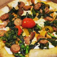 Mikey's Sausage and Pepper Pie · Hot cherry peppers, broccoli rabe, mozzarella and sausage.