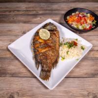 Mojarra Frita · Whole fried tilapia. Served with rice, mix salad and french fries.