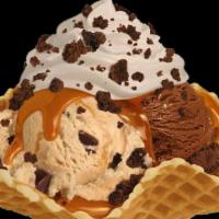 Waffle Bowl Sundae · Any flavor of ice cream with hot fudge or hot caramel, fresh whipped cream ＆ any topping of ...