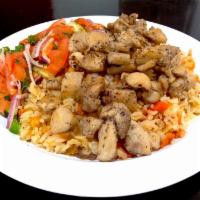 PALOV WITH CHICKEN · Gluten-free, diary-free Uzbek national dish with rice, meat, carrot, onion, chickpeas. Serve...