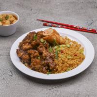C23. General Tso's Chicken Combo · Served with egg roll and roast pork fried rice. Hot and spicy.