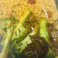 Beef with Broccoli Combination Plate · Served with roast pork fried rice and an egg roll.