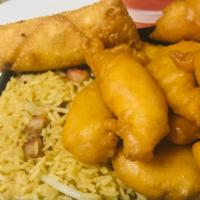 Sweet and Sour Chicken Combination Plate · Served with roast pork fried rice and an egg roll. Spicy.