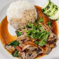 DUCK OVER RICE · BBQ duck, bok choy, cilantro, and cucumber topped with house special sauce.