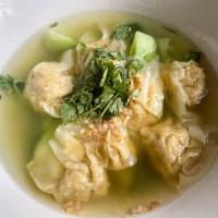 HOUSE SOUP (V) · Chicken wonton or tofu, egg wrap, choy sum, onions, cilantro, and garlic with clear broth.