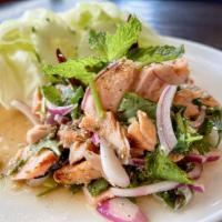 LARB Grilled Salmon · Salad dressing, cilantro, red onion, green onion,  tomatoes, lettuce, garlic, mint, roasted ...