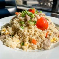House Fried Rice · please ask for Gluten-free option.  Egg, peas, carrots, yellow onion, tomato, cucumber, and ...