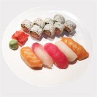 Sushi Combo · 5 pieces assorted sushi and 8 pieces California roll. Served with miso soup or ginger salad.