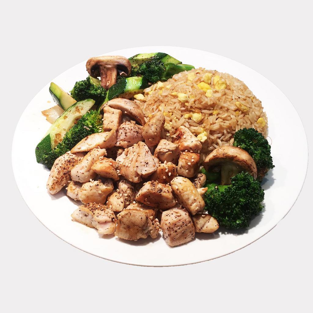 Hibachi Chicken Combo · Includes fried rice, brown rice or white rice also served with broccoli, onion, zucchini and mushroom on side.