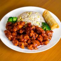 General Tso's Chicken Dinner Combo · Includes fried rice, brown rice or white rice. Served with vegetable spring roll. Hot and sp...
