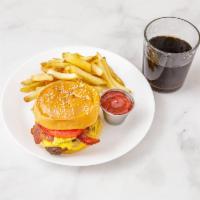 Bacon Cheeseburger Deluxe · Lettuce, tomato, American cheese, bacon and can soda.